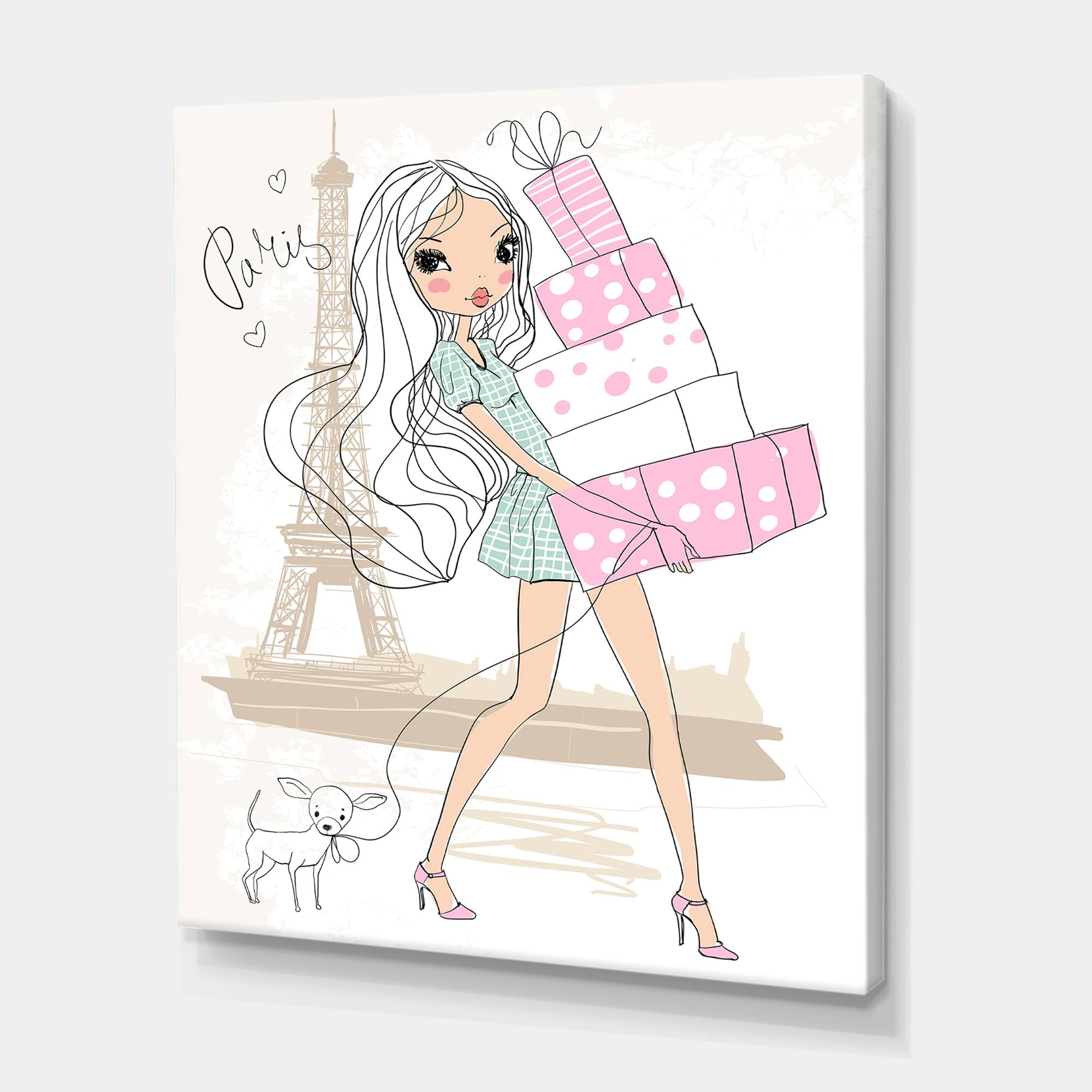 Designart - Young Girl With Shopping Boxes In Paris